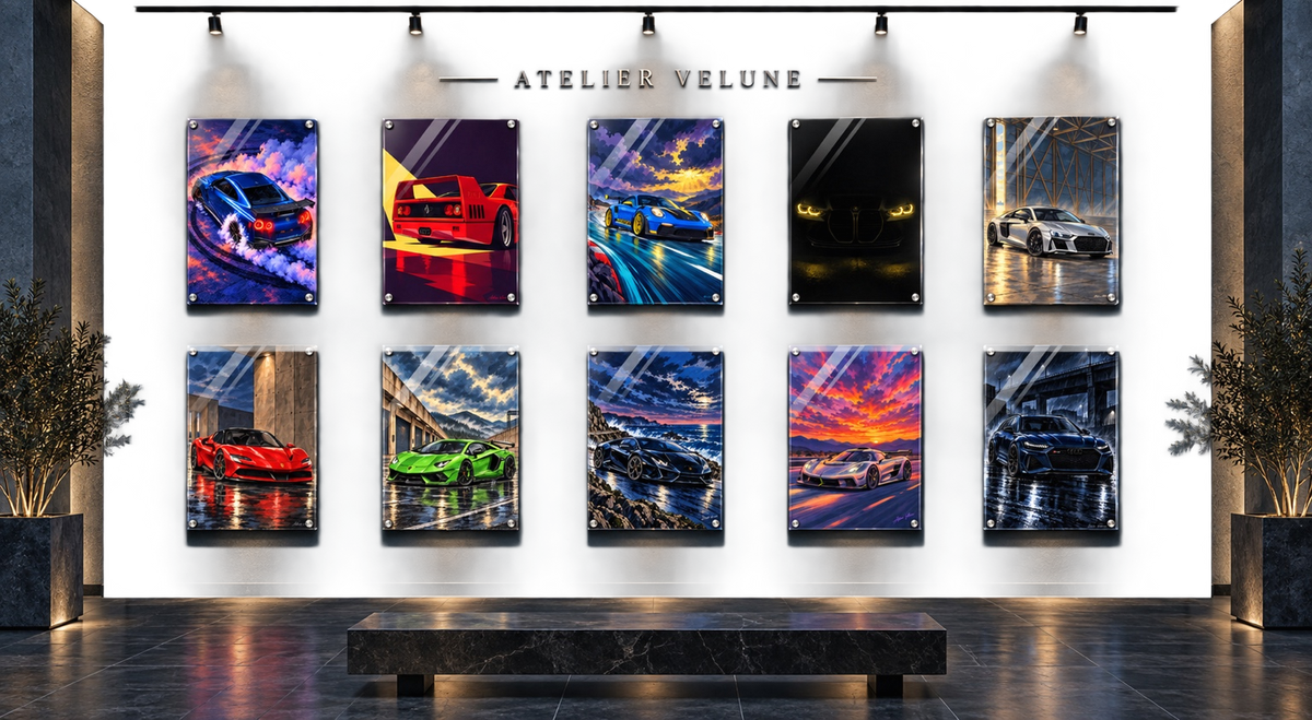 ATELIER VELUNE collection gallery featuring ten automotive acrylic artworks